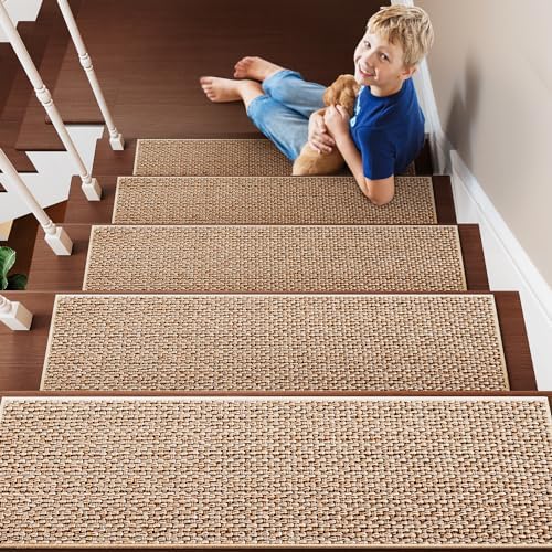 PADOOR Non Slip Stair-Treads, Rubber Backing Stair-Runners for Wooden Steps, 7PCS Residue Free Carpet Stair Treads for Kids and Dogs 8"x30" Beige