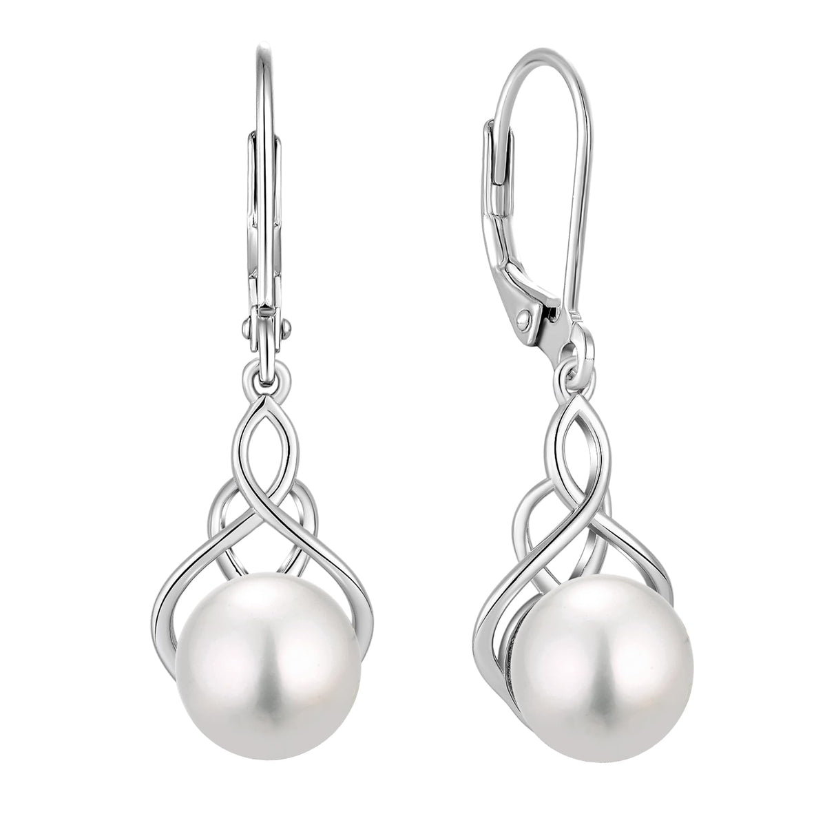 VESHON Celtic Knot Pearl Earrings for Women - 925 Sterling Silver Dangle Leverback Earrings with 9mm Freshwater Pearl Jewelry Gifts, White Gold Plated
