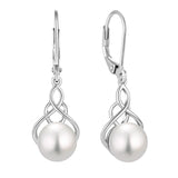 VESHON Celtic Knot Pearl Earrings for Women - 925 Sterling Silver Dangle Leverback Earrings with 9mm Freshwater Pearl Jewelry Gifts, White Gold Plated
