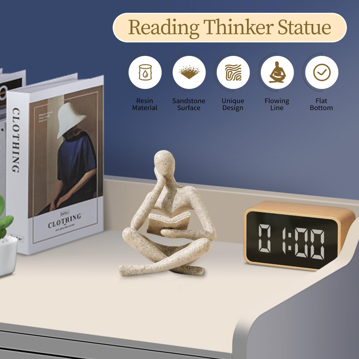 UTTCMK Bookshelf Decor Thinker Statue - Abstract Art Reading Thinker Sculpture Figurine Aesthetic, Modern Home Decoration for Living Room Office Shelves Coffee Table Desk Decor(Beige)