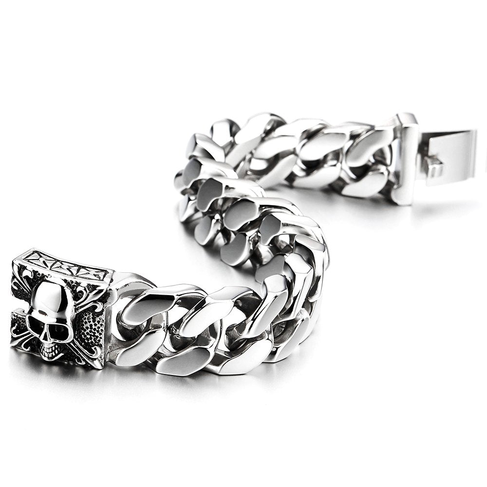 COOLSTEELANDBEYOND Men's Stainless Steel Cuban Link Curb Chain Bracelet With Skull Box Clasp, Heavy and Sturdy Biker Gothic Punk Jewelry Gift