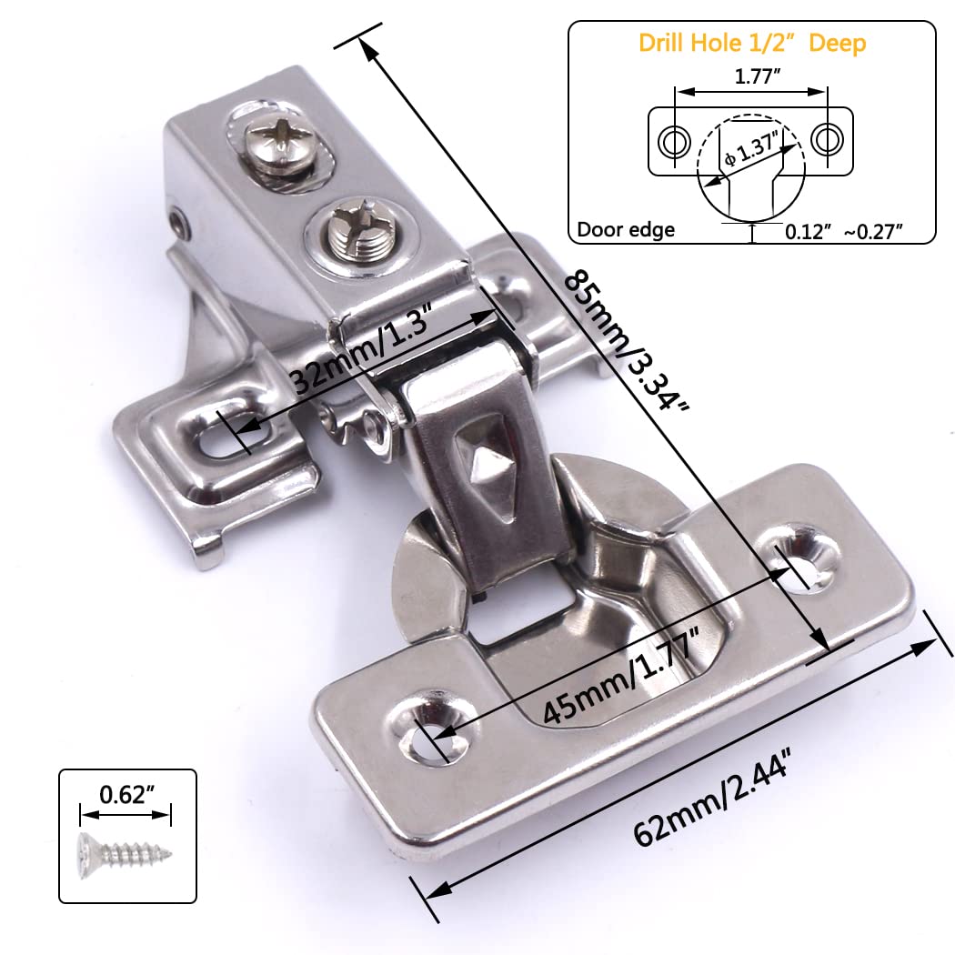 20 Pack Soft Close Cabinet Door Hinges for 1/2 Inch Overlay Cupboard, 105 Degree Opening Angel, Stainless Concealed Kitchen Cabinet Hinges with Mounting Screws, Manual and Door Bumpers