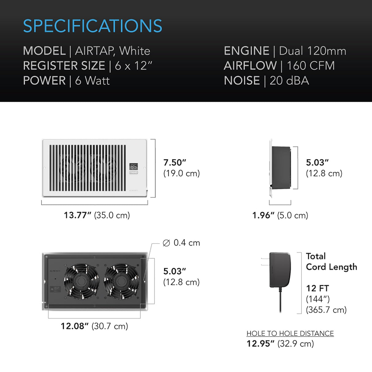 AC Infinity AIRTAP T6 White, Register Booster Fan for 6” x 12” Register Holes, Improves Heating & Cooling Vents, Quiet 10-Speeds. ONLY FITS 6” x 12” DUCT OPENINGS