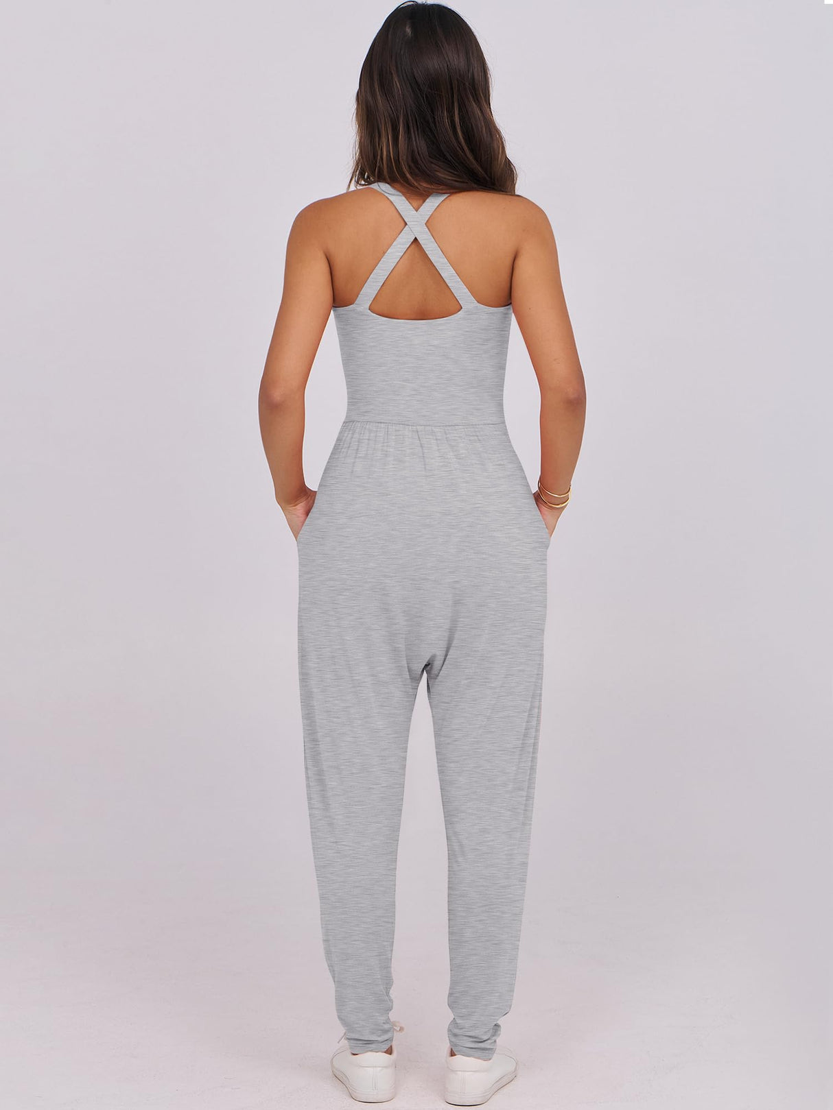 Caracilia Women Jumpsuits 2025 Summer Sleeveless Backless Tank Top Rompers Yoga Gym Workout Jumper One Piece Outfits Grey Medium