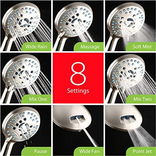 Hotel Spa AquaCare High Pressure 8-mode Handheld Shower Head, Anti-clog Nozzles, Built-in Power Wash to Clean Tub, Tile & Pets, Extra Long 6 ft. Stainless Steel Hose, Wall & Overhead Brackets