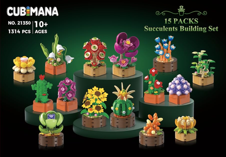 15 Pack Flowers Plants 3.6MM Mini Building Sets - 1314PCS Flower Succulents Botanical Collection for Home Office Décor Block Toy, Party Favors for Christmas Mother's Day Birthday Adults Kids Girls 10+