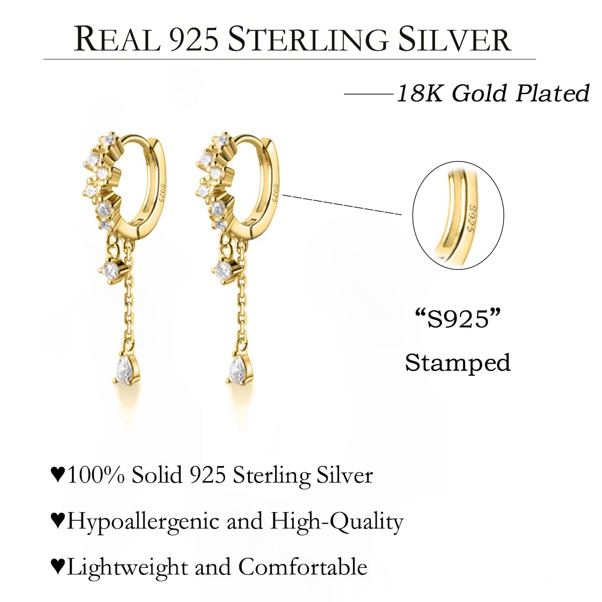 SLUYNZ 925 Sterling Silver CZ Hoop Earrings Dangle for Women Teens Girls Teardrop Huggie Earrings Drop Water Droplets Dangle Earrings Drop (B-Yellow)