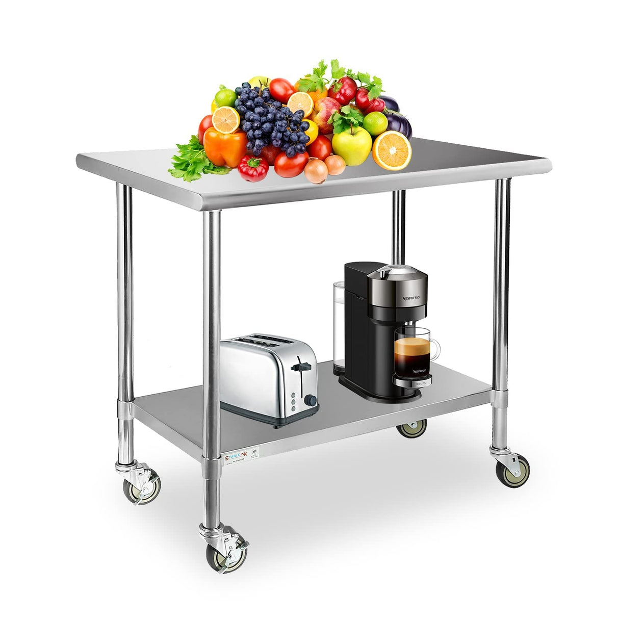 STABLEINK Stainless Steel Table with Wheels 24 x 36 Inches, NSF Commercial Prep & Workbench with Adjustable Undershelf and Casters, for Commercial Kitchen, Restaurant, Hotel, Laundry and Garage