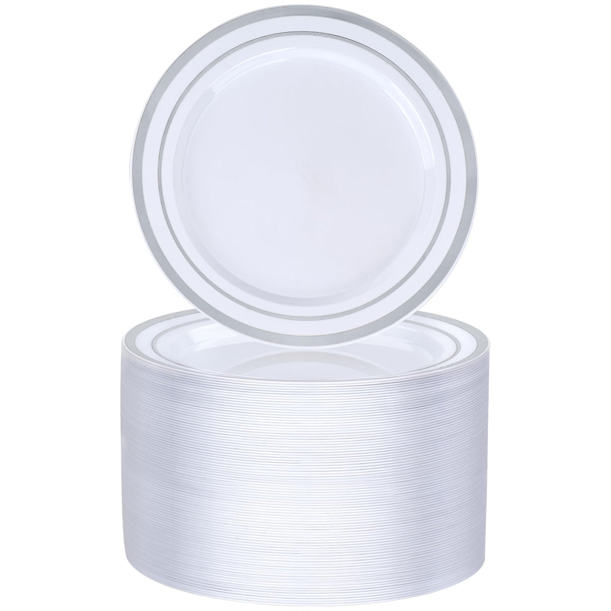 BESTVIP 100PCS 7 Inch Silver Plastic Dessert Plates, Disposable Plate with Silver Rim for Salad/Samll Cakes, Heavy Duty Plates for Party, Wedding and Birthday, Events, Christmas, Thanksgiving