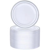 BESTVIP 100PCS 7 Inch Silver Plastic Dessert Plates, Disposable Plate with Silver Rim for Salad/Samll Cakes, Heavy Duty Plates for Party, Wedding and Birthday, Events, Christmas, Thanksgiving