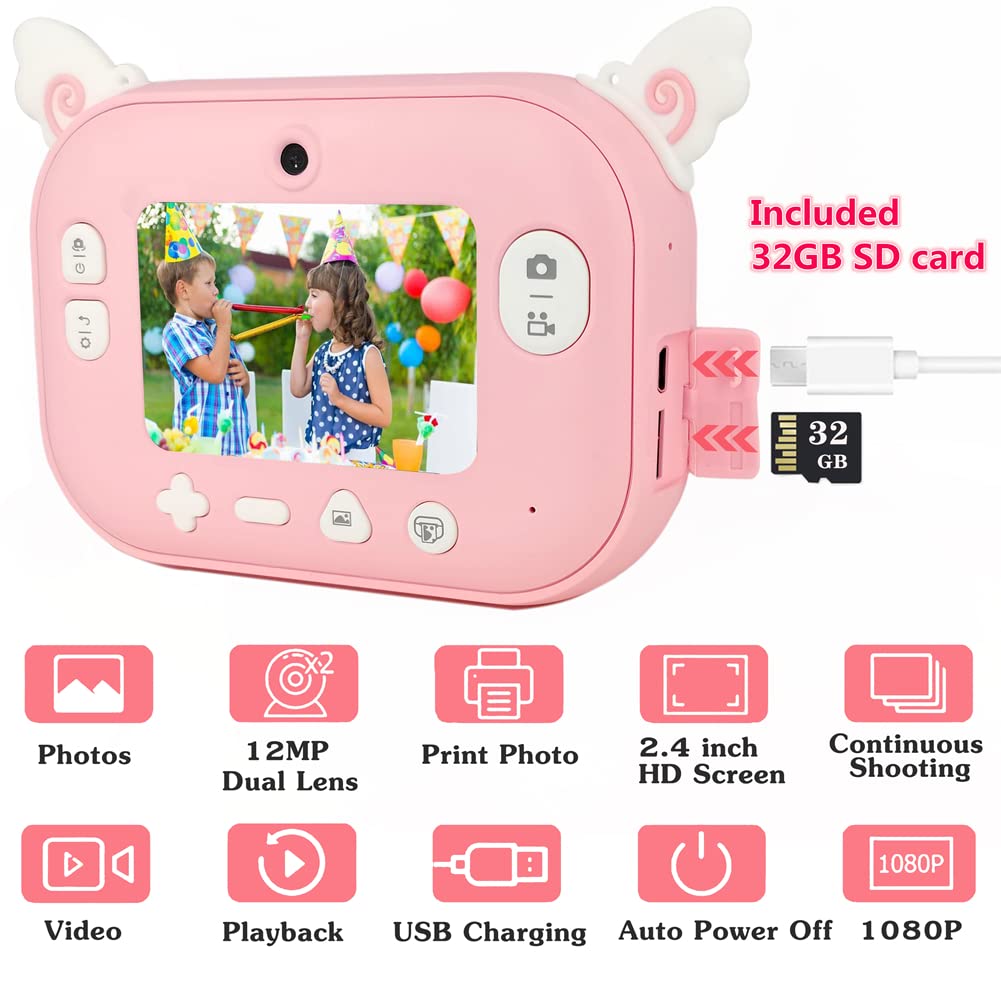 Instant Print Camera for Kids with 12 Rolls Refill Paper, Digital Camera for Girls Christmas Birthday Gifts, 32G SD Card