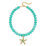 WOWORAMA Boho Chunky Beaded Necklaces for Women Ocean Blue Resin Beads Necklace with Gold Starfish Pendant Necklace Coastal Summer Statement Necklaces Jewelry