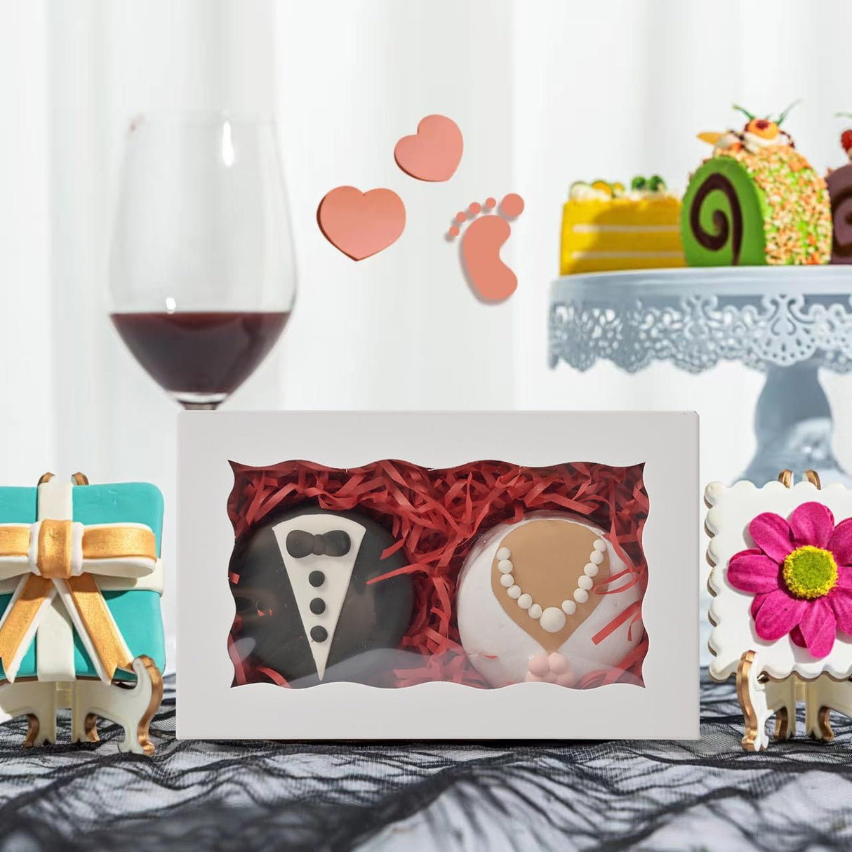 RomanticBaking 100 Pack White 7 x 4 3/8 x 1 1/2inches Cookies Boxes with Window Christmas Bakery Packaging for Macaron Treat Boxes Chocolate Truffle