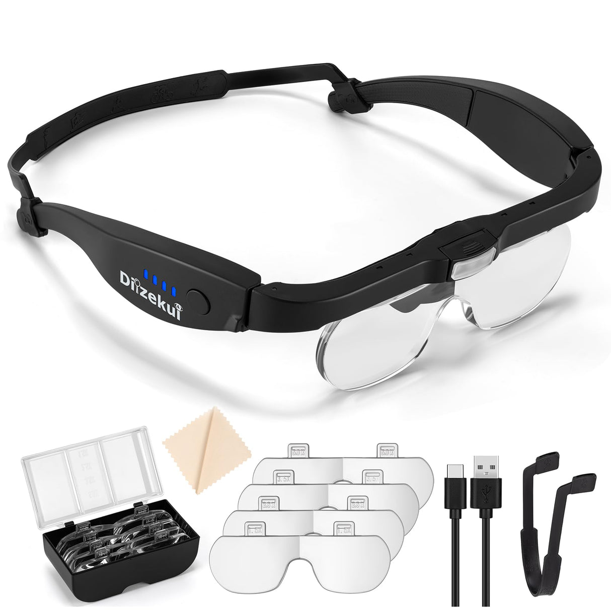 Dilzekui Magnifying Glass with Light 1.5X to 5.0X, Rechargeable Magnifying Glasses Head Magnifier, Lighted Magnify Glass with 4 Detachable Lenses, Magnifier Headset for Close Work Reading Jewelry