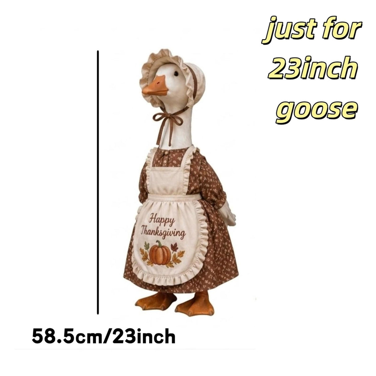 Thanksgiving Pilgrim Porch Goose Outfits Fits 23'' Lawn Goose Statue Fall Pumpkin Dress with ''Happy Thanksgiving'' Apron & Bonnet Costume for Autumn Yard, Patio Garden Decor (Brown, 23 inch)