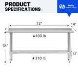 Hally Stainless Steel Table for Prep & Work 14 x 72 Inches, NSF Commercial Heavy Duty Table with Undershelf and Backsplash for Restaurant, Home and Hotel