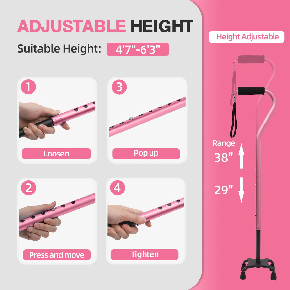 BeneCane Quad Cane Adjustable Walking Cane with Offset Soft Cushioned Handle for Men & Women Lightweight Comfortable with 4-Pronged feet for Extra Stability(Pink)