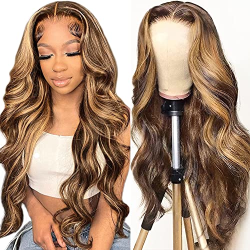 Hedy #4/27 Ombre Highlight Glueless Lace Front Wigs Human Hair Body Wave Wigs for Black Women Pre Plucked with Baby Hair 150% Density 4x4 Lace Closure (22 Inch, #4/27 Highlight Color)