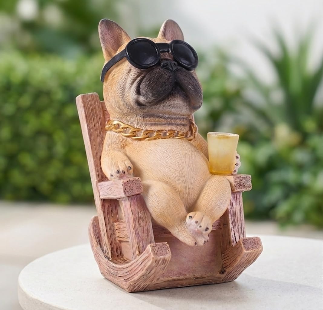 Scoomor Solar French Bulldog Garden Statue, Funny Frenchie Dog Figurine for Outdoor Yard, Patio, & Lawn Décor, Unique Frenchie Gifts for Housewarming & Birthday,7 Inch Resin (Fawn)