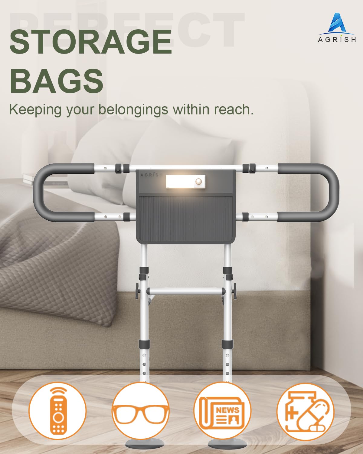 Agrish Bed Rails for Elderly Adults Safety - FSA/HSA Eligible with Motion Light & Storage Pouch - Bed Assist Rails for Seniors, Surgery Patients & Handicap, Fit King Queen Full Twin Bed