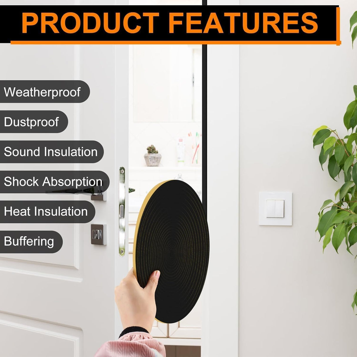 Ninsula 33Ft Door Weather Stripping, (1 in x 1/4 in), Strong Adhesive, Sound Proof, Door Insulation, Weatherproof Foam Tape for Doors, Weatherstripping for Doors Frames, Windows