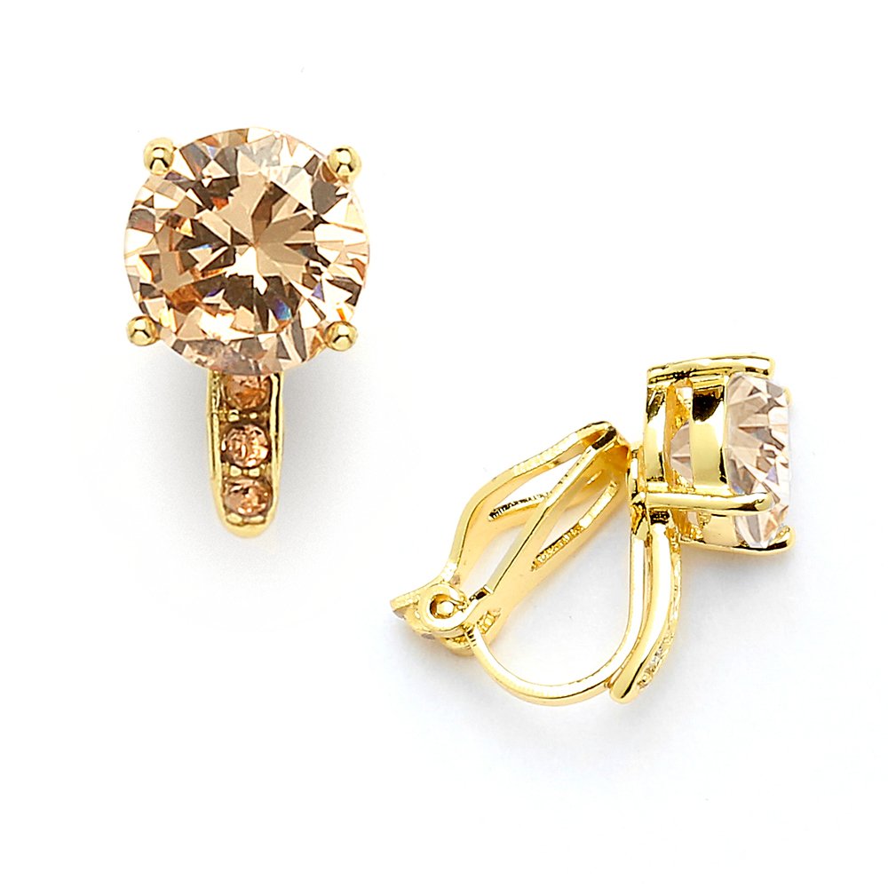 Mariell Champagne 14K Gold Plated Clip-On CZ Crystal Stud Earrings, 2 Carat 8mm Size for Weddings, Brides, Birthday Gift