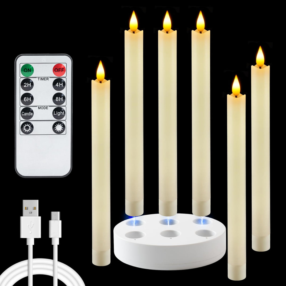 Homemory Rechargeable Flameless Taper Candles, Real Waxy LED Candlesticks Flickering, Battery Operated Candles with Remote Timer, 9.6 Inches for Home Wedding Christmas Decor, 6 Pcs, Ivory