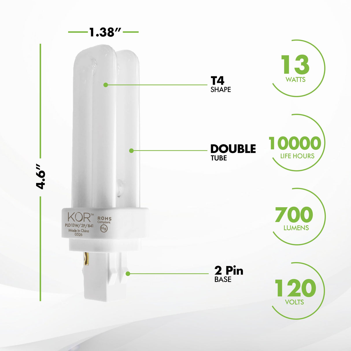 (4 Pack) 13 Watt Double Tube – 2 Pin (GX23-2) Base - 4100K CFL-Plug-in Replacement for Sylvania 21120/20708 - CF13DD/841/ECO - GE 97589 - F13DBX23/841/ECO - Philips 383133 PL-C13W/41/USA/ALTO.