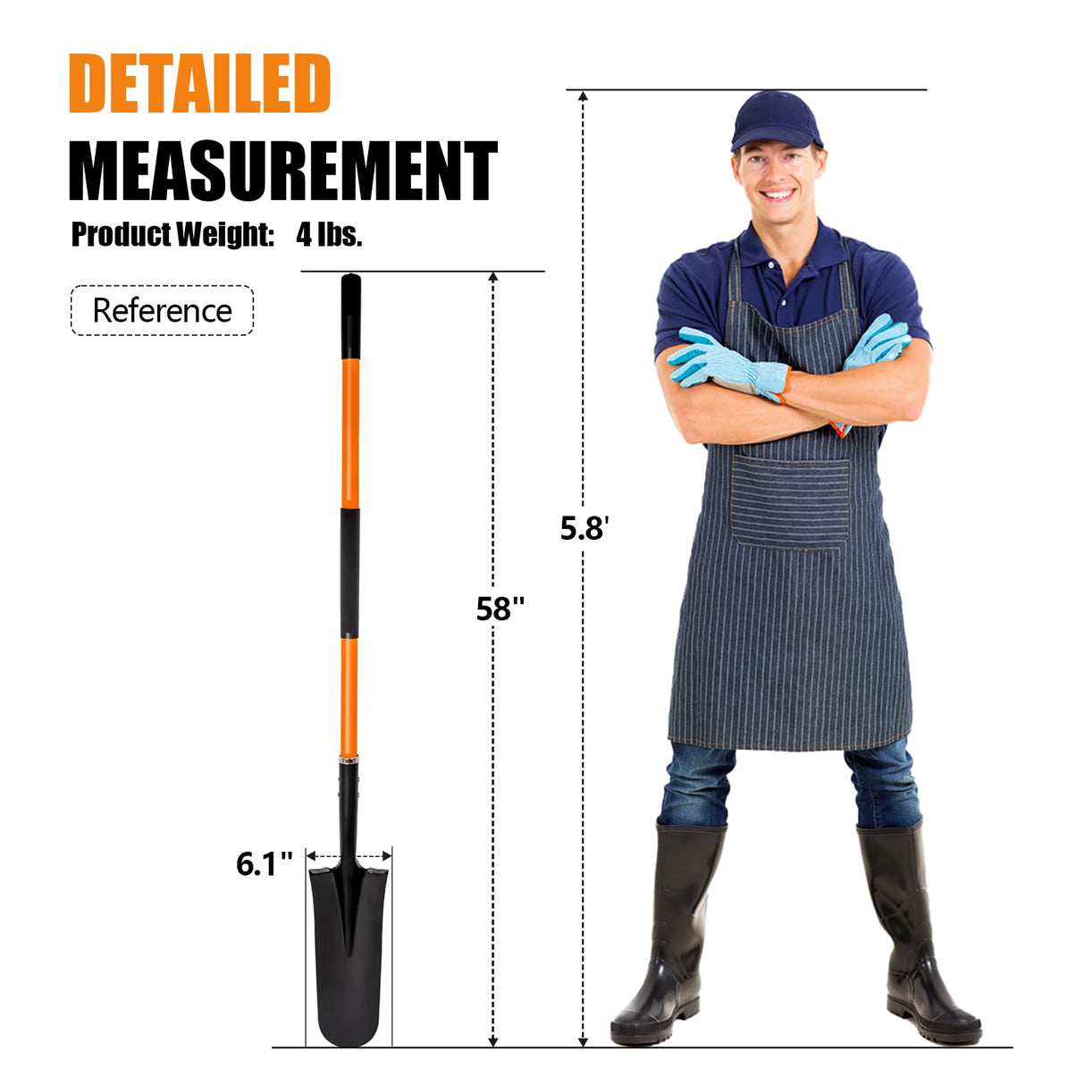 VNIMTI Heavy Duty Shovel with Fiberglass Handle for Digging and Gardening, Metal, 58 Inches