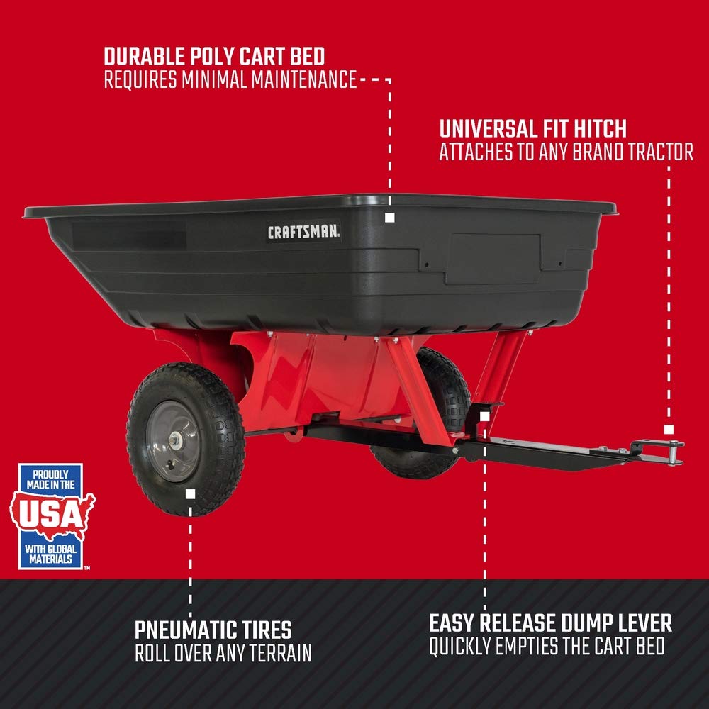 Craftsman Tow Poly Dump Cart for Lawn Tractors and ATVs, 350 lb Load Capacity, 10 Cu Ft Lawn and Garden Utility Trailer