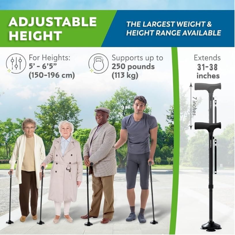 HONEYBULL Walking Cane for Men & Women - Foldable, Adjustable, Collapsible, Free Standing Cane, Pivot Tip, Heavy Duty | Walking Sticks, Folding Canes for Seniors & Adults (Black, Pivot Cane)