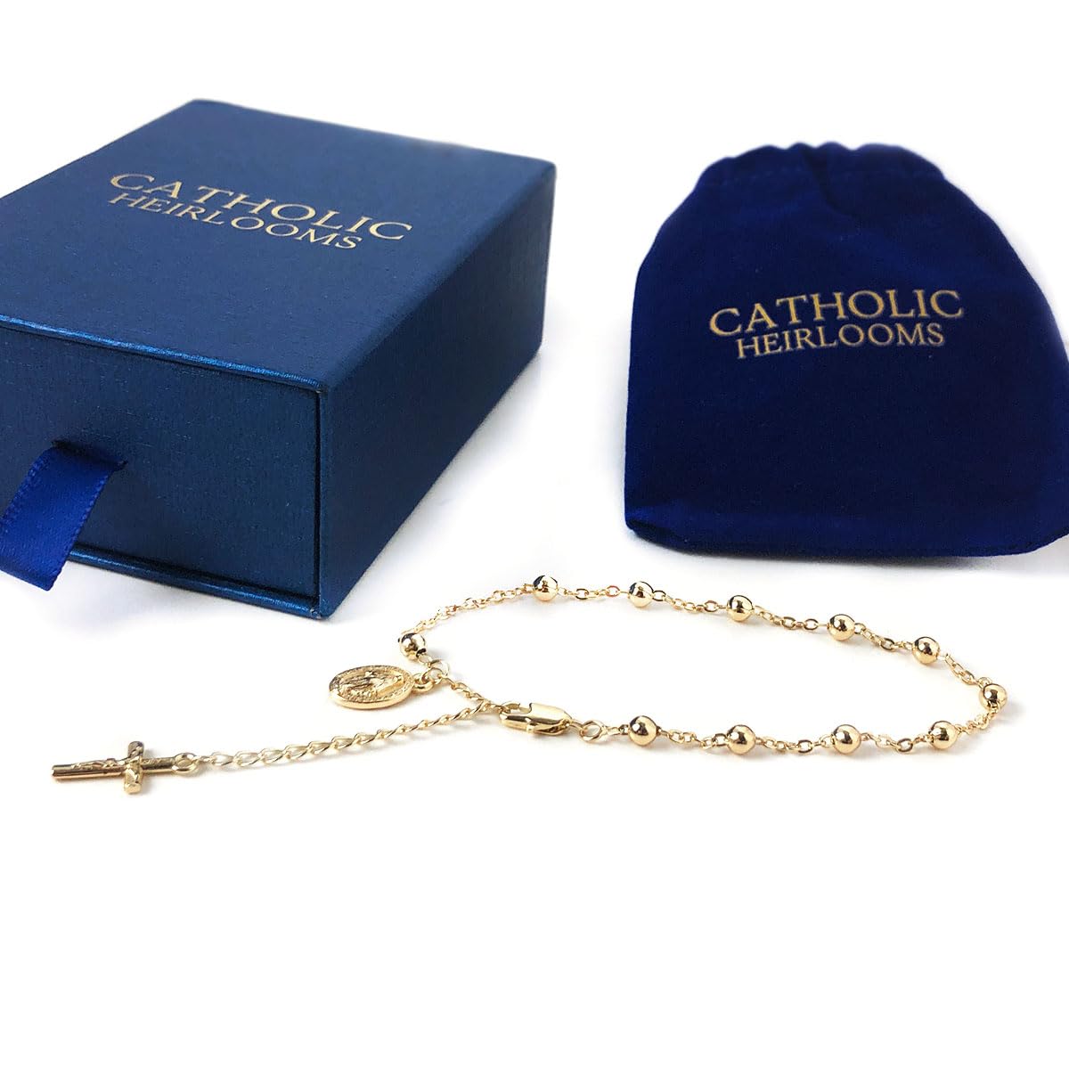 Stunning Catholic Rosary Bracelet for Women with Our Lady of Graces Medal and Cross Crucifix Charm, 14K Gold Plated, Adjustable - Dainty Elegant Religious Jewelry Gift