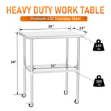 HOCCOT Stainless Steel Table with Wheels 24" x 30" Utility Worktable with Adjustable Undershelf for Commercial Kitchen, Garage, Restaurant