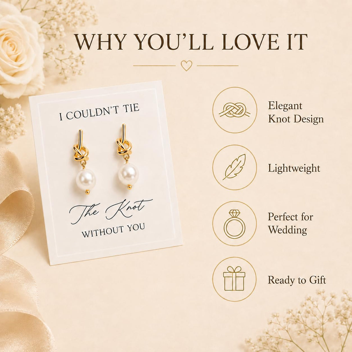 Bridesmaid Earrings for Bridesmaids 8 Pairs Gold Knot Pearl Wedding Jewelry Set Bridesmaid Proposal Gifts for Bridal Party