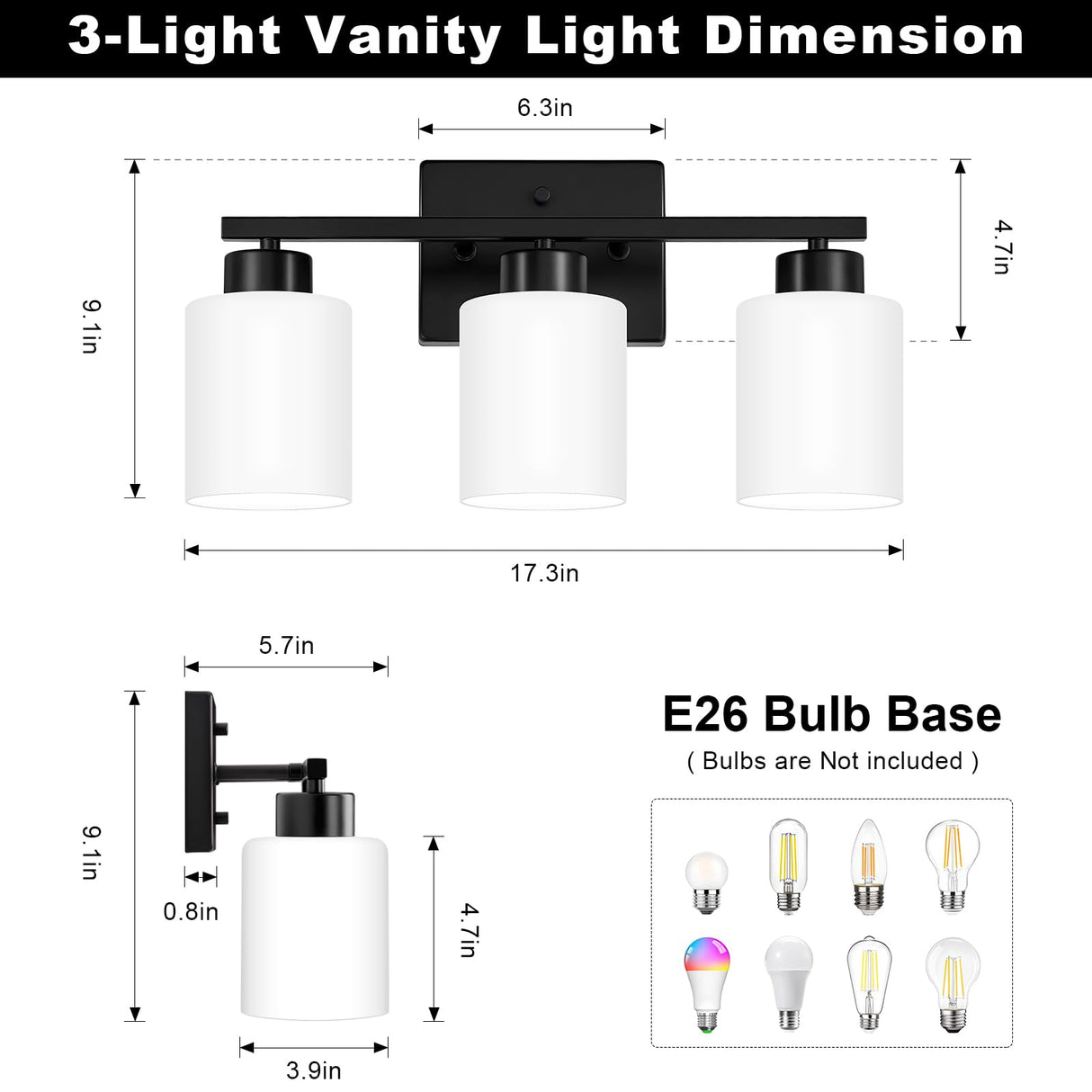 FonmYim Black Bathroom Light Fixtures, 3-Light Modern Vanity Light Over Mirror, Wall Sconces with Milky White Frosted Glass Shades, E26 Socket (Bulbs Not Included)