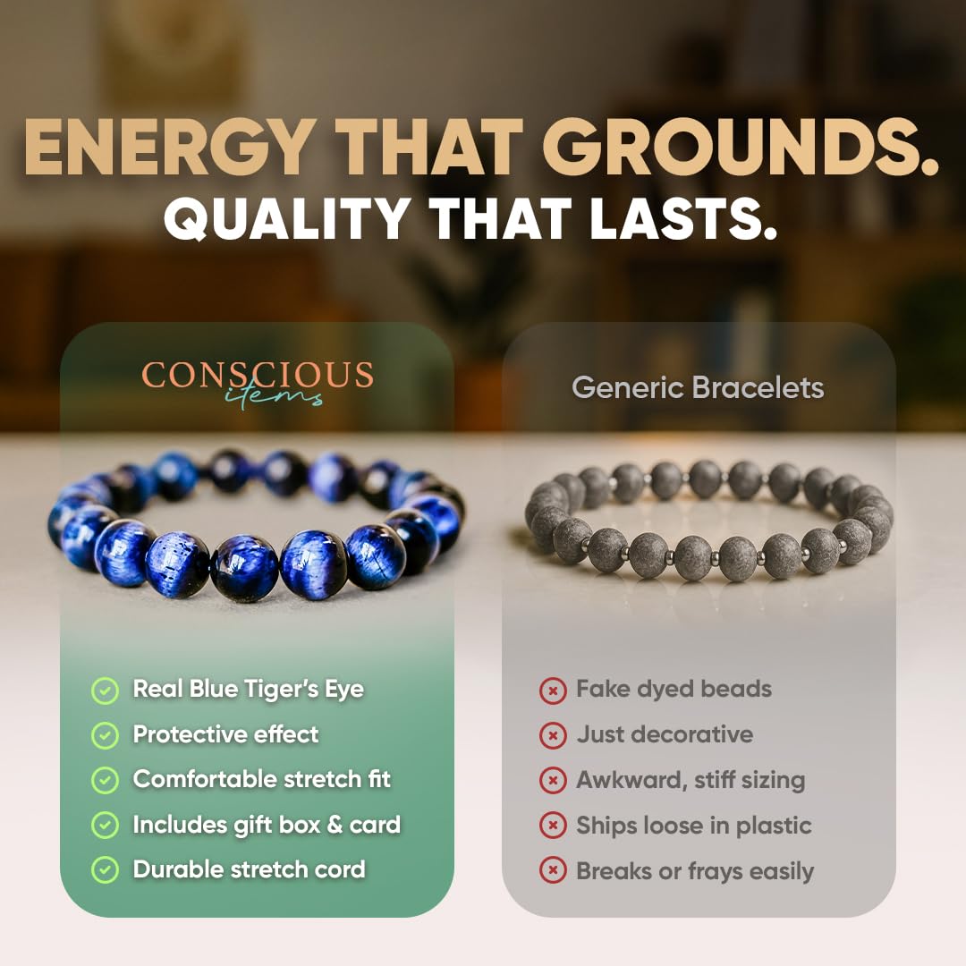 Conscious Items Blue Tiger's Eye Bracelet for Women & Men, Gemstone Beads