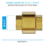 Bächlein Universal Non-Return Valve - Brass Non-Return Valve with G1/2 Inch Female Thread on Both Sides - Stainless and Watertight Non-Return Valve for a Safe Drinking Water System