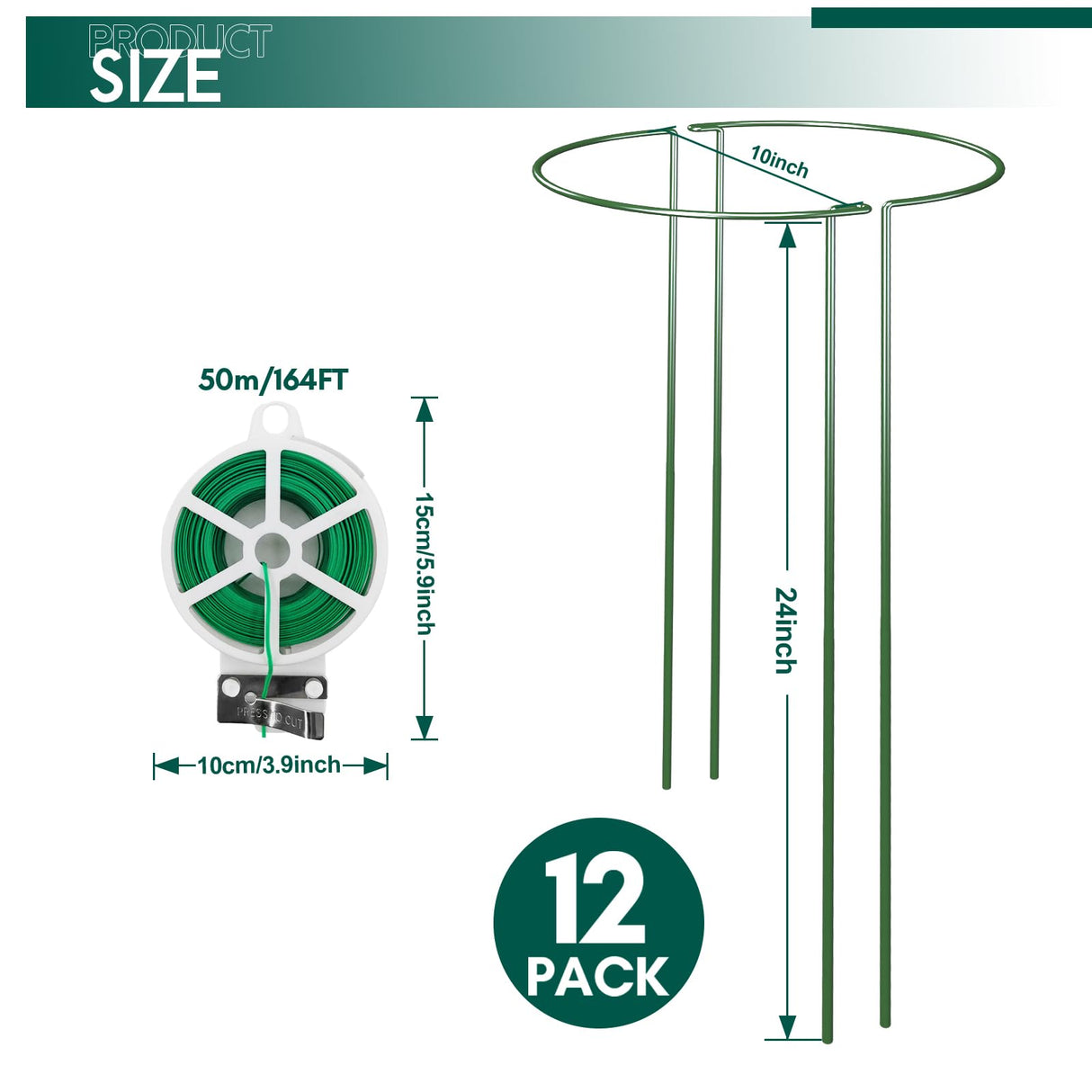 LKSSZS 12 Pack 24 inch Plant Support Stakes, Half-Round Metal Garden Flower Stakes, Large Peony Support Ring and Cage for Indoor and Outdoor Plants, Hydrangea, Tomato, Rose, Monstera with Plant Ties
