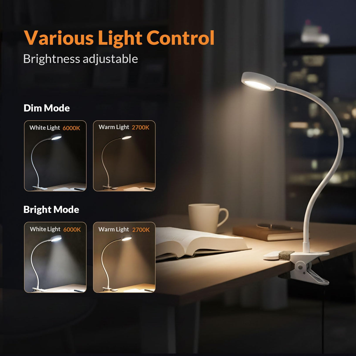LEPOWER Clip on Light/Reading Lights/Book Light Color Changeable/Night Lights Clip on for Desk, Bed Headboard and Computers, Adapter Included (White)