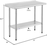 ROCKPOINT Stainless Steel Table for Prep & Work with Backsplash 18x36 Inches, NSF Metal Commercial Kitchen Heavy Duty Table with Adjustable Under Shelf and Table Foot for Restaurant, Home and Hotel