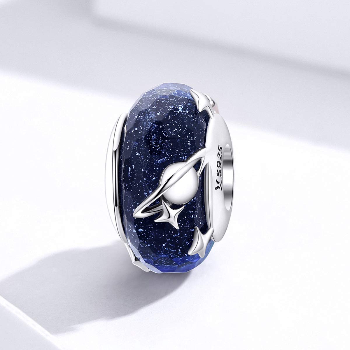 BISAER 925 Sterling Silver Murano Glass Charms Lampwork Star Beads Charm for Bracelet Blue Planet