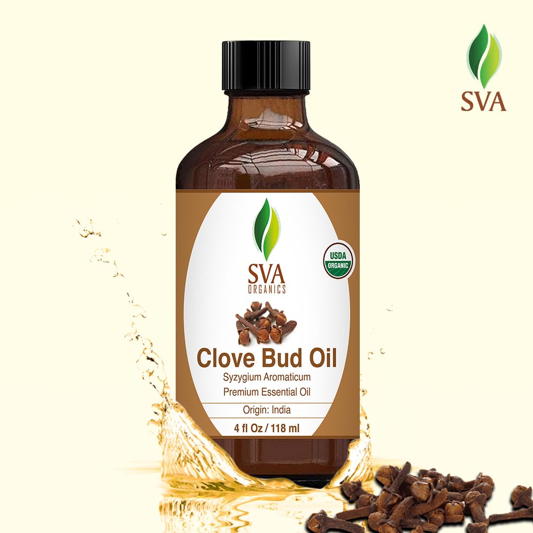 SVA Clove Essential Oil Organic – 4 Fl Oz – 100% Natural Organic Clove Oil - for Diffuser, Hair Care, Face, Skin Care, Aromatherapy, Scalp and Body Massage, Soap and Candle Making - with Dropper