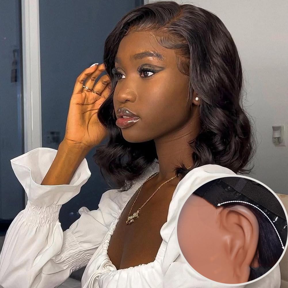 9x5 Glueless Wigs Human Hair Pre Plucked Pre Cut Bob Wig Human Hair 200% Density Body Wave Lace Front Wigs Human Hair HD Closure Wigs Short Bob Wigs for Black Women Wear and Go Glueless Wig 12 Inch