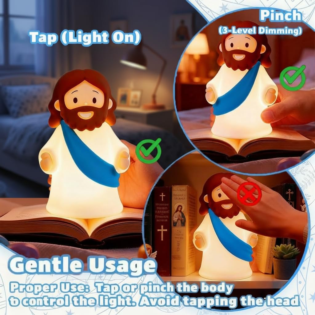 magical JD Jesus Night Light for Kids – Soft Silicone Touch Lamp, Touch Dimmable & USB Rechargeable, BPA-Free Christian Baptism Gift for Boys & Girls, Easter & Christmas Gift for Nursery (Blue)