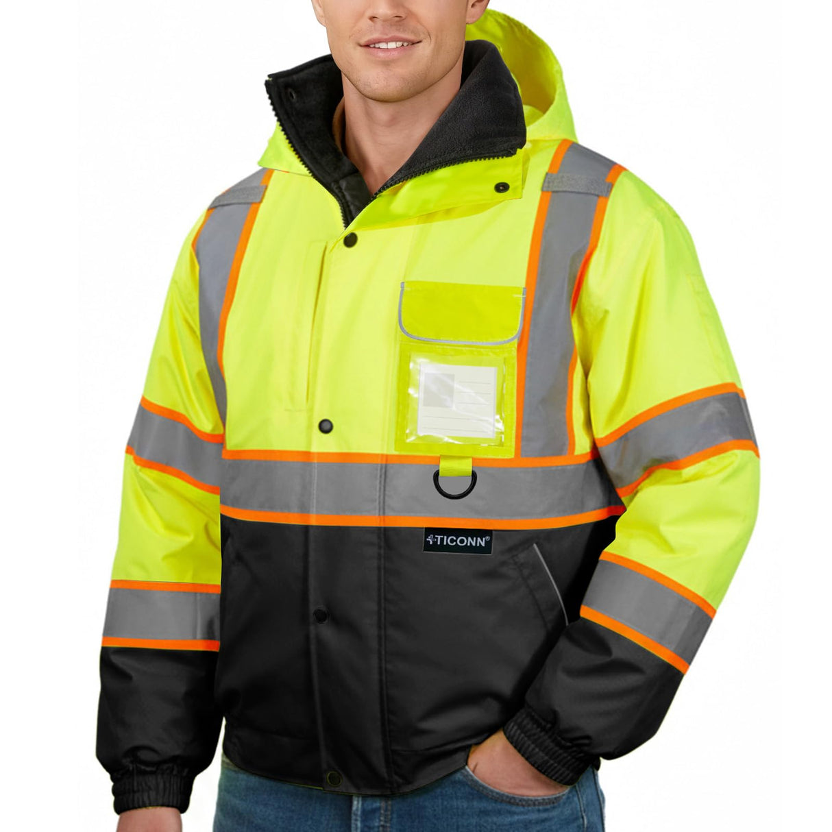 TICONN Waterproof Safety Bomber Jacket, Winter Rain Jacket Hi Vis Reflective, ANSI Class 3 Work Rain Coat (Orange, 2XL)