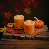 Fall Flameless LED Candles 3 inch Diameter Real Wax 2AA Battery Operated 600hr+ Flickering Candles with Timer Remote Control for Halloween Thanksgiving Christmas Indoor (Orange, 3″×3″- 2 PCS)