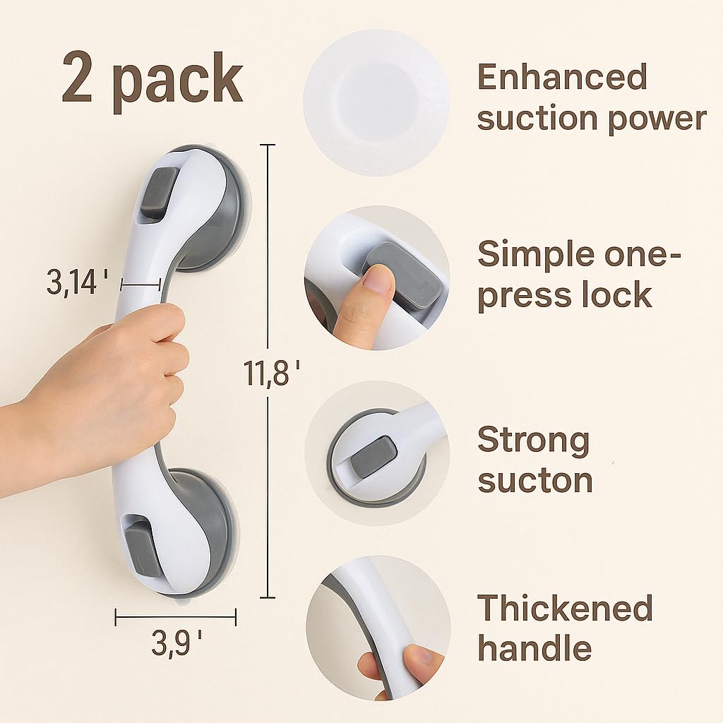2 Pack Grab Bars for Bathtubs and Showers, Shower Handles for Elderly Seniors bar Safety 500 lbs Walls Handicap Heavy Duty Holder Hooks to Lift Large Tile Glass Suction Cups Tool