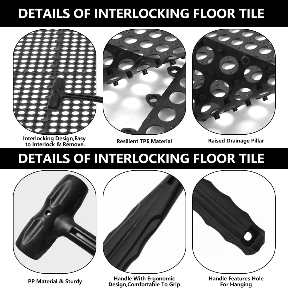 Interlocking Floor Tiles 12x12 Inch, 12 Pack Soft PVC Non-Slip Drainage Tiles with Holes for Bathroom, Pool Deck, Gym, Garage, Kitchen & Wet Areas, Easy Splicing Anti-Fatigue Mat (12)
