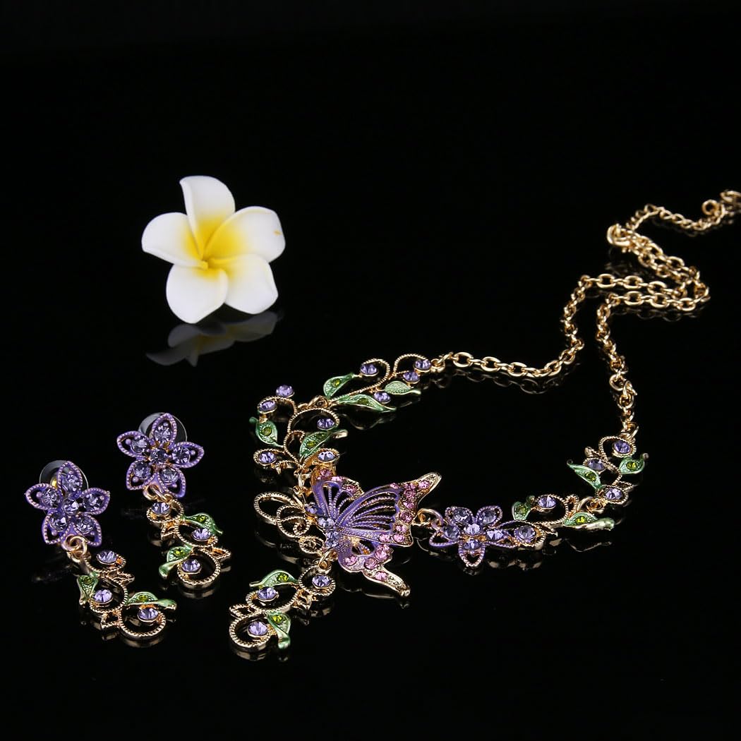 EleQueen Women's Butterfly Flower Leaf Purple Necklace Earrings Set