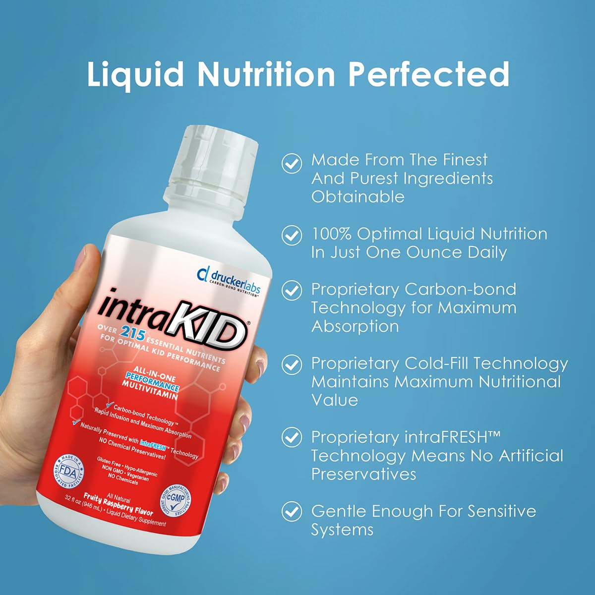 intraKID Drucker Labs Organic Liquid Multivitamin for Kids, Immune Support, Non GMO, Dairy Free, Gluten Free, Magnesium, Vitamin A,C,E, Zinc, (32 oz., Fruity Raspberry)